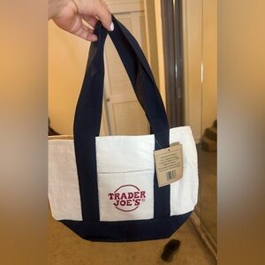 Trader Joe's Mini Canvas Tote Bag - White & Navy